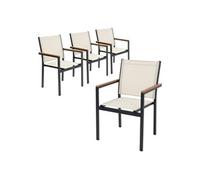 ML-Design Lot de 4 Chaises de Jardin avec Accoudoirs Aspect Bois, Beige, Structure en Aluminium Anthracite, Fauteuils en Textilène, Siège Empilable de Terrasse Balcon, Résistant aux Intempéries