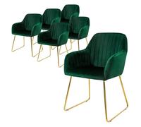 ML-Design Chaise de salle à manger set de 6, assise en velours, vert, Chaise de salon avec dossier et accoudoirs, pieds or
