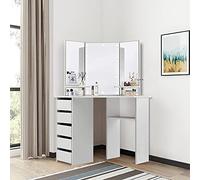 ML-Design Coiffeuse Moderne Blanc 110x141,5x54 cm avec Éclairage LED, 3 Miroirs, 5 Tiroirs, 3 Étagères de Rangement, Bois MDF, Table de Maquillage de Toilette, Commode Cosmétique pour Chambre Salon