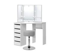 ML-Design Coiffeuse Table de Maquillage Blanc 110x141,5x54 cm avec 3 Miroirs Lumineaux et Tabouret Gris Clair, Guirlandes LED, 5