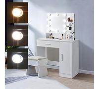 ML-Design Coiffeuse Table de Maquillage Blanc 90x38x137 cm avec Miroir Lumineaux, Guirlande Lumineuse Éclairage LED, 1 Tiroir, 3 Compartiments et Armoire de Rangement, Bois MDF, Commode Cosmétiques