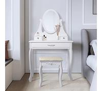 ML-Design Coiffeuse Table de Maquillage Blanc avec Tabouret, 1 Miroir et 3 Tiroirs, 75x140x40 cm, Table de Toilette Romantique en Bois MDF, Table de Cosmétique Style Maison de Campagne pour Femmes