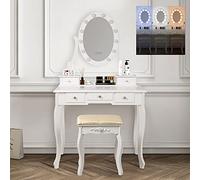 ML-Design Coiffeuse Table de Maquillage Blanc avec Tabouret, Éclairage LED, Miroir et 5 Tiroirs, 80 x 129 x 40 cm, Table de Toilette Moderne en Bois MDF, Table de Cosmétique pour Femmes et Filles