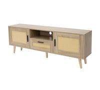 ML-Design Commode TV 140x50,5x30 cm Aspect Chêne, avec 2 Portes, Tiroir, Étagère, Façade en Rotin, Pieds en Bois Massif, Table Buffet pour Le Salon Chambre, Armoire pour Téléviseur jusqu'à 65 Pouces
