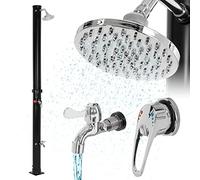 ML-Design Douche Solaire 20L 210 cm Ronde avec Douche de Pied et Pommeau de Douche à Effet Pluie, Noir, Eau Chaude, jusqu'à 60°C sans Branchement Électrique, avec Raccord pour Tuyau d'Arrosage