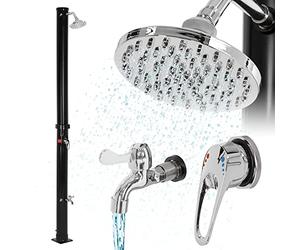 ML-Design Douche Solaire 20L 210 cm Ronde avec Douche de Pied et Pommeau de Douche à Effet Pluie, Noir, Eau Chaude, jusqu'à 60°C sans Branchement Électrique, avec Raccord pour Tuyau d'Arrosage