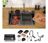 ML-Design Évier Cuisine 68x46 cm Anthracite Acier Inoxydable Multifonction Rectangulaire Encastrable avec Robinet Extractible Distributeur de Savon Accessoires Simple Bac Lavabo Moderne Pratique