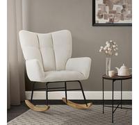 ML-Design Fauteuil à Bascule Beige, avec Housse en Tissu Éponge, Structure en Acier, Pieds en Bois Naturel, Chaise de Relax, Fauteuil de Relaxation Oscillant Rembourré, pour Salon Chambre à Coucher