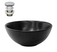 ML-Design Lavabo à Poser en Céramique Noir Mat, Ø 280 x 150 mm, Ronde, avec Bouchon de Vidange 1 1/4" Universel Push Open, Vasque Évier Lave-Mains pour Salle de Bain/WC invités, Design Minimaliste