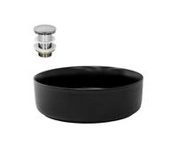 ML-Design Lavabo à Poser en Céramique Noir Mat, Ø 360 x 120 mm, Ronde, avec Bouchon de Vidange 1 1/4" Universel Push Open, Vasque Évier Lave-Mains pour Salle de Bain, Design Minimaliste
