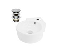 ML-Design Lavabo d'Angle en Céramique Blanc, 45x36x13 cm, Rond, avec Bouchon de Vidage Chrome en Laiton, Trop-Plein et Trou pour Robinet Inclus, Montage Mural ou à Poser, Vasque Lave-Mains Évier