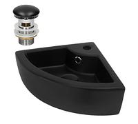 ML-Design Lavabo d'angle en Céramique Noir, 46 x 33 x 13 cm, Angulaire, avec Bouchon de Vidage Trop-Plein et Trou pour Robinet, Montage Mural ou à Poser, Vasque Lave-Mains Évier sur Plan de Toilette