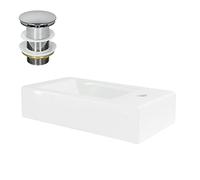 ML-Design Lavabo en Céramique, Blanc, 46x26x11 cm, Anguleux, Garniture de Vidage, Trou de Robinet à Droite, Montage Mural/Á Poser, Moderne, Lavabo à Main, Vasque de Comptoir Élégant, Salle de Bain/WC