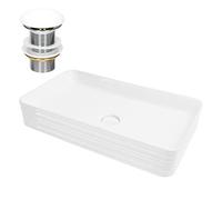 ML-Design Lavabo en Céramique, Blanc, 68x38x12 cm, Forme Anguleux, Garniture de Vidage 1 1/4", Vasque á Poser, Design Moderne, Lavabo à Main, Lavabo de Comptoir Élégant, Salle de Bains/WC d'Invités