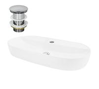 ML-Design Lavabo en Céramique, Blanc, 80x40x12 cm, Forme Ovale, avec Garniture de Vidage, Vasque á Poser, Design Moderne, Lavabo à Main, Lavabo de Comptoir Élégant, pour Salle de Bain/WC d'Invités