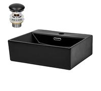 ML-Design Lavabo en Céramique Noir 415x360x130 mm avec Garniture de Vidage 1 1/4" Universelle et Trop-Plein, Design Rectangle, Vasque à Poser Moderne, Évier Lave-Mains pour Salle de Bain et Toilettes