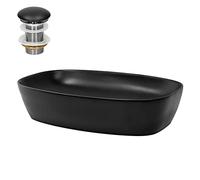 ML-Design Lavabo en Céramique Noir, 605x385x140 mm, avec Garniture de Vidage 1 1/4" Universelle, Design Coins Arrondis, Vasque á Poser Moderne, Évier Lave-Mains pour Salle de Bain et Toilettes