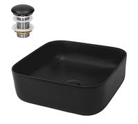ML-Design Lavabo en Céramique Noir Mat, 39,5x39,5x14 cm, Vasque à Poser Carré, Moderne, Cuvette avec Bouchon de Vidange sans Trop-Plein Inclus, Lave-Mains Comptoir Élégant, Évier pour Salle de Bain/WC