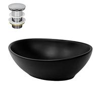 ML-Design Lavabo en Céramique, Noir Mat, 41x33,5x14,5 cm, Forme Ovale, Garniture de Vidage Argent, Vasque á Poser, Design Moderne, Lavabo à Main, Lavabo de Comptoir Élégant, Salle de Bain/WC d'Invités