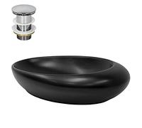 ML-Design Lavabo en Céramique Noir Mat, 585 x 375 x 145 mm, Ovale, Forme Galet, avec Bouchon de Vidange 1 1/4" Universel Push Open, Vasque à Poser Évier Lave-Mains Salle de Bain, Design Minimaliste