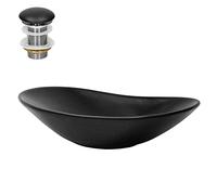 ML-Design Lavabo en Céramique Noir Mat, 63x36x15,5 cm, avec Garniture de Vidage 1 1/4" Universelle, Design Ovale, Vasque á Poser Moderne, Évier Lave-Mains pour Salle de Bain, Toilettes et WC Invités
