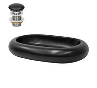 ML-Design Lavabo en Céramique Noir Mat, 65x45x11 cm, avec Garniture de Vidage 1 1/4" Universelle, Design Ovale, Forme de Galet, Vasque á Poser Moderne, Évier Lave-Mains pour Salle de Bain et Toilettes