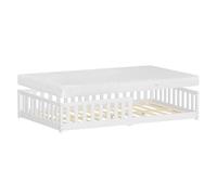ML-Design Lit au Sol Double 120x200 cm Blanc, avec Matelas, Sommier à Lattes et Barrière Anti-Chute, Cadre Montessori pour Enfants et Adolescents en Bois de Pin Massif, Matériel de Montage Inclus