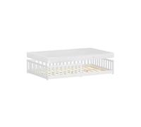 ML-Design Lit au Sol Double 120x200 cm Blanc, avec Matelas, Sommier à Lattes et Barrière Anti-Chute, Cadre Montessori pour Enfants et Adolescents en Bois de Pin Massif, Matériel de Montage Inclus