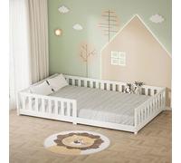 ML-Design Lit au Sol Double 120x200 cm Blanc, avec Sommier à Lattes et Barrière de Protection Anti-Chute, Cadre Montessori pour Enfants et Adolescents en Bois de Pin Massif, Matériel de Montage Inclus