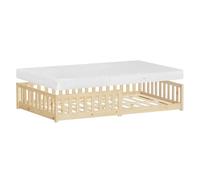 ML-Design Lit au Sol Double 120x200 cm Naturel, avec Matelas, Sommier à Lattes et Barrière Anti-Chute, Cadre Montessori pour Enfants et Adolescents en Bois de Pin Massif, Matériel de Montage Inclus