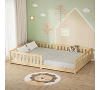 ML-Design Lit au Sol Double 120x200 cm Naturel, avec Sommier à Lattes et Barrière de Protection Anti-Chute, Cadre Montessori pour Enfants et Adolescents en Bois de Pin Massif, Kit de Montage Inclus