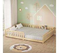 ML-Design Lit au Sol Double 140x200 cm Naturel, avec Sommier à Lattes et Barrière de Protection Anti-Chute, Cadre Montessori pour Enfants et Adolescents en Bois de Pin Massif, Kit de Montage Inclus
