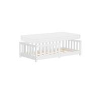 ML-Design Lit au Sol Enfant Simple 70x140 cm Blanc avec Matelas, Sommier à Lattes et Barrière Protection Anti-Chute, Cadre en Bois de Pin Massif, pour Garçons & Filles, Matériel de Montage Inclus