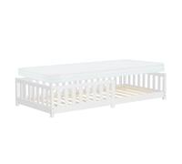 ML-Design Lit au Sol Enfant 90x200 cm Blanc avec Matelas H:10cm, Sommier à Lattes et Barrière Protection Anti-Chute, Cadre en Bois de Pin Massif, pour Garçons & Filles, Matériel de Montage Inclus