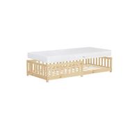 ML-Design Lit au Sol Enfant 90x200 cm Naturel avec Matelas H:16cm, Sommier à Lattes et Barrière Protection Anti-Chute, Cadre en Bois de Pin Massif, pour Garçons & Filles, Matériel de Montage Inclus