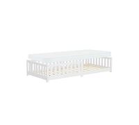 ML-Design Lit au Sol Enfant 90x200 cm Blanc avec Matelas H:10cm, Sommier à Lattes et Barrière Protection Anti-Chute, Cadre en Bois de Pin Massif, pour Garçons & Filles, Matériel de Montage Inclus