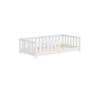 ML-Design Lit au Sol Enfant Simple 70x140 cm, en Bois de Pin Massif, avec Sommier à Lattes et Barrière Anti-Chute, Livré sans Matelas, Cadre Blanc pour Garçons & Filles, Matériel de Montage Inclus