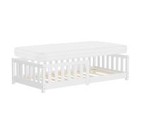 ML-Design Lit au Sol Enfant Simple 80x160 cm Blanc avec Matelas, Sommier à Lattes et Barrière Protection Anti-Chute, Cadre en Bois de Pin Massif, pour Garçons & Filles, Matériel de Montage Inclus
