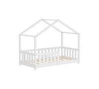 ML-Design Lit Cabane d'enfant 70x140 cm Blanc en Pin Massif avec Protection Antichute, Toit et Sommier à Lattes, Style Maison, Couchage au Sol Montessori Cadre pour Fille Garçon Chambre à Coucher