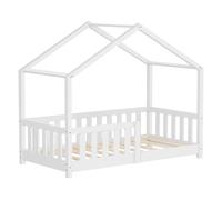 ML-Design Lit Cabane d'enfant 70x140 cm Blanc en Pin Massif avec Protection Antichute, Toit et Sommier à Lattes, Style Maison, Couchage au Sol Montessori Cadre pour Fille Garçon Chambre à Coucher