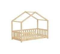 ML-Design Lit Cabane d'enfant 70x140 cm Naturel en Pin Massif avec Protection Antichute, Toit et Sommier à Lattes, Style Maison, Couchage au Sol Montessori Cadre pour Fille Garçon Chambre à Coucher