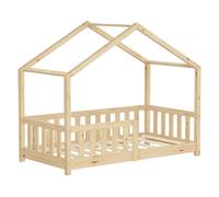ML-Design Lit Cabane d'enfant 70x140 cm Naturel en Pin Massif avec Protection Antichute, Toit et Sommier à Lattes, Style Maison, Couchage au Sol Montessori Cadre pour Fille Garçon Chambre à Coucher