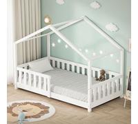 ML-Design Lit Cabane d'enfant 80x160 cm Blanc en Pin Massif avec Protection Antichute, Toit et Sommier à Lattes, Style Maison, Couchage au Sol Montessori Cadre pour Fille Garçon Chambre à Coucher