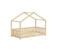 ML-Design Lit Cabane d'enfant 80x160 cm Naturel en Pin Massif avec Protection Antichute, Toit et Sommier à Lattes, Style Maison, Couchage au Sol Montessori Cadre pour Fille Garçon Chambre à Coucher
