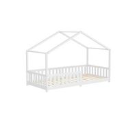 ML-Design Lit Cabane d'enfant 90x200 cm Blanc en Pin Massif avec Protection Antichute, Toit et Sommier à Lattes, Style Maison, Couchage au Sol Montessori Cadre pour Fille Garçon Chambre à Coucher