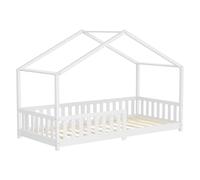 ML-Design Lit Cabane d'enfant 90x200 cm Blanc en Pin Massif avec Protection Antichute, Toit et Sommier à Lattes, Style Maison, Couchage au Sol Montessori Cadre pour Fille Garçon Chambre à Coucher