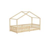 ML-Design Lit Cabane d'enfant 90x200 cm Naturel en Pin Massif avec Protection Antichute, Toit et Sommier à Lattes, Style Maison, Couchage au Sol Montessori Cadre pour Fille Garçon Chambre à Coucher