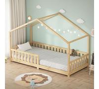 ML-Design Lit Cabane d'enfant 90x200 cm Naturel en Pin Massif avec Protection Antichute, Toit et Sommier à Lattes, Style Maison, Couchage au Sol Montessori Cadre pour Fille Garçon Chambre à Coucher