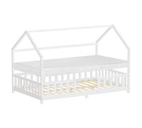 ML-Design Lit Cabane Enfant 120x200 cm Blanc en Bois, avec Matelas, Protection Anti-Chute Étendue, Toit et Sommier à Lattes, Style Maison, Couchage Maisonnette Lit Double pour Adolescent Fille Garçon