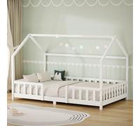 ML-Design Lit Cabane Enfant 120x200 cm Blanc en Bois, Protection Étendue Anti-Chute, Toit et Sommier à Lattes Contreplaqué, Style Maison, Couchage Maisonnette Lit Double pour Adolescent Fille Garçon